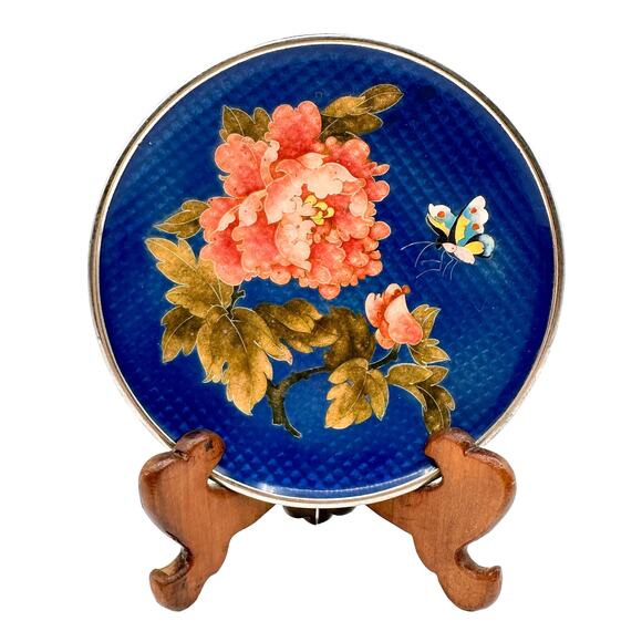 Unknown Other - Antique Silver Ginbari Cloisonne Plate Blue Coral Peony Flower Butterfly w Stand